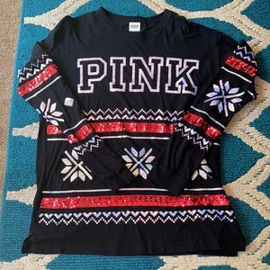 VS PINK HOLIDAY CHRISTMAS SEQUIN LONG SLEEVE TOP
